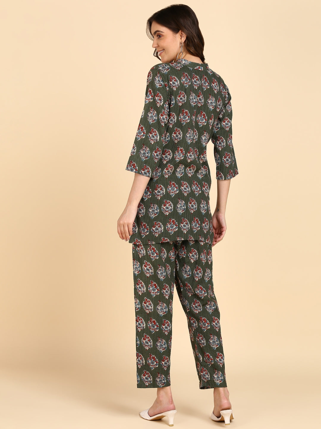 Cotton Floral Print Button Down Top with Pants Co-ord Set - Green