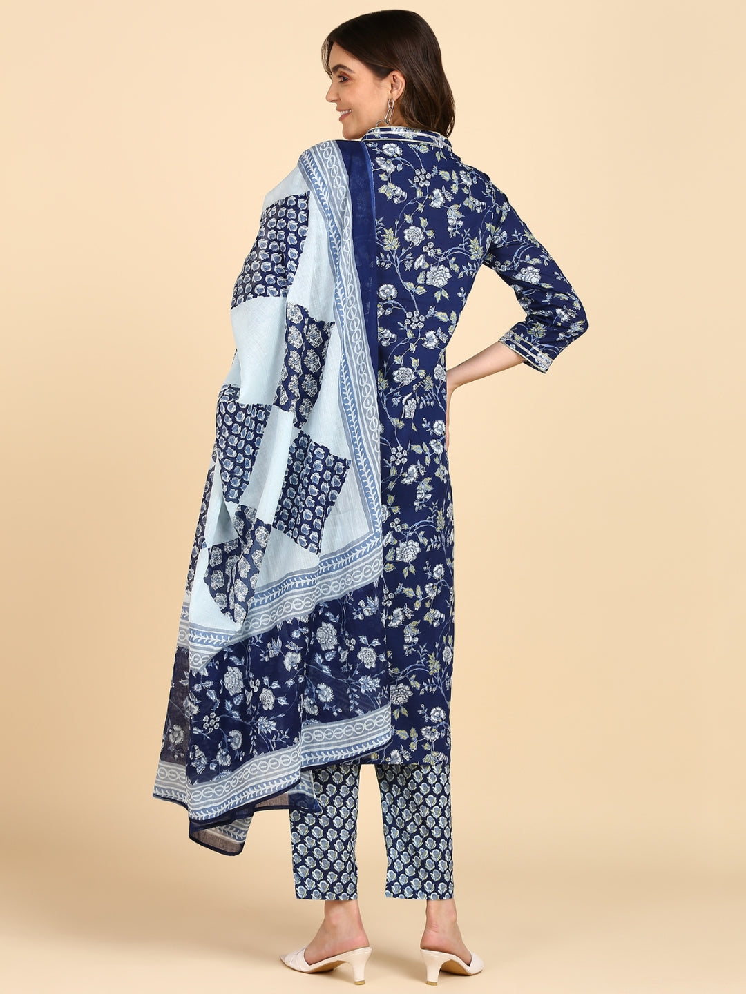 Floral Print Gota Work Kurta, Pant and Dupatta Set - Blue