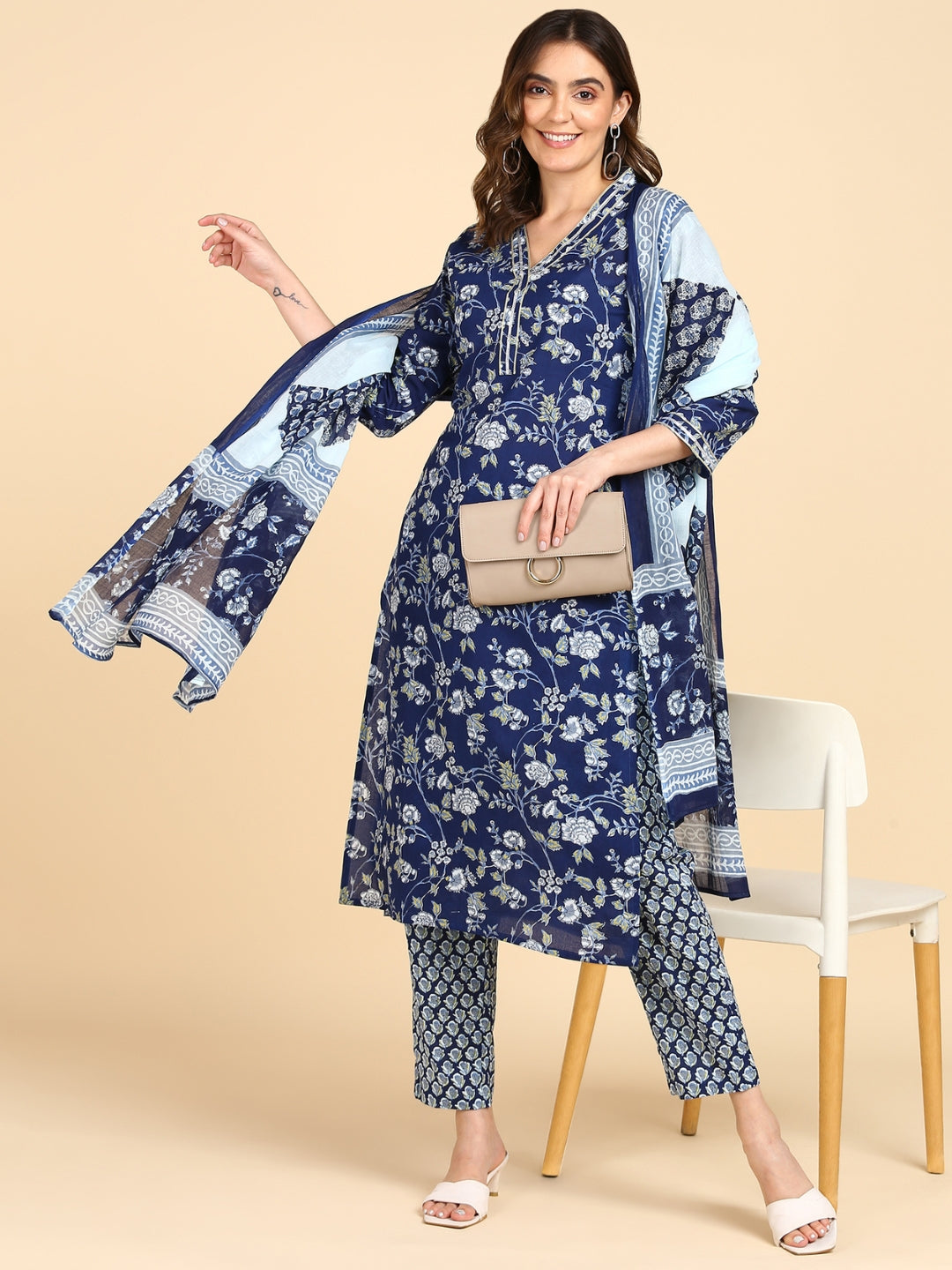 Floral Print Gota Work Kurta, Pant and Dupatta Set - Blue