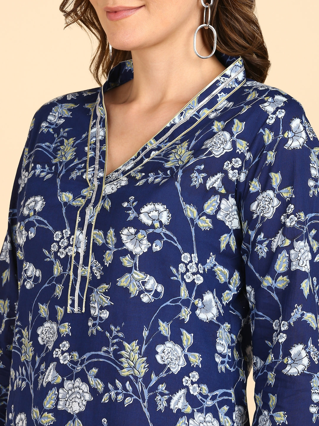 Floral Print Gota Work Kurta, Pant and Dupatta Set - Blue