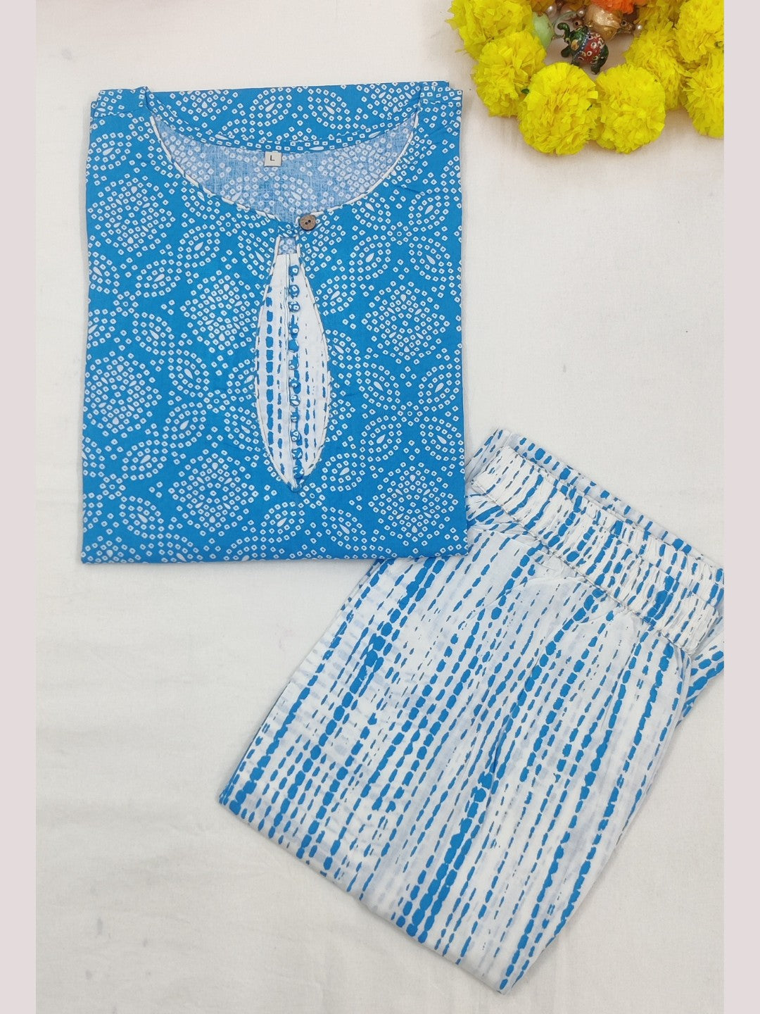 Pure Cotton Bandhani shibori Print Kurta Pant Set - Blue