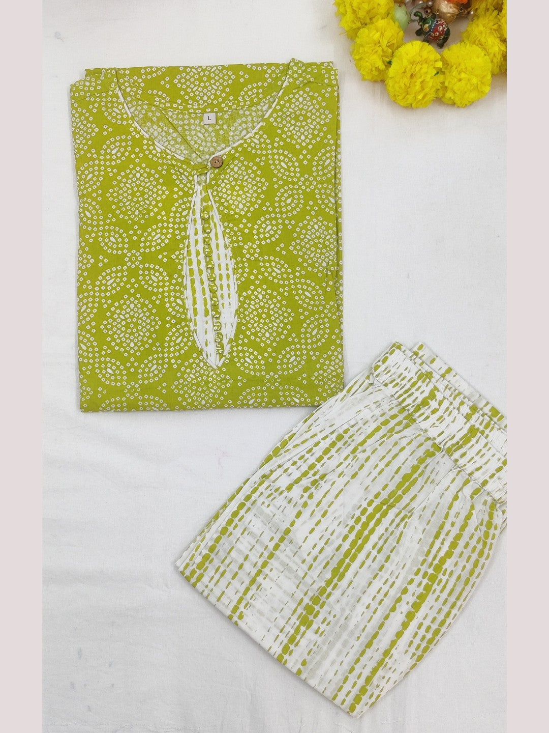 Pure Cotton Bandhani shibori Print Kurta Pant Set - Green