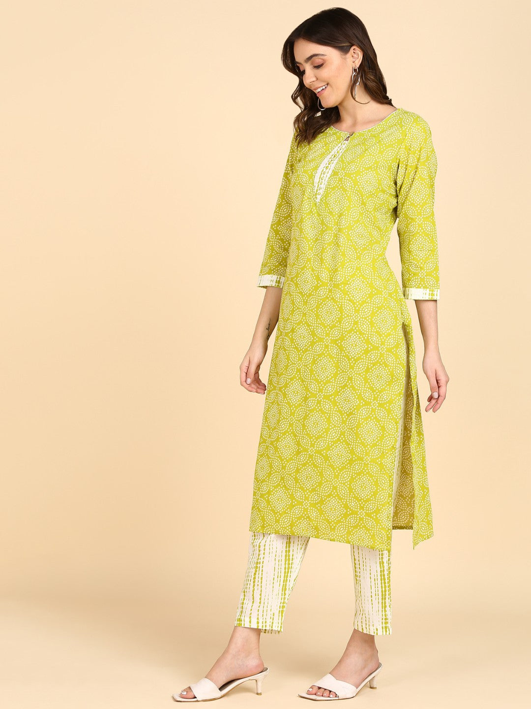 Pure Cotton Bandhani shibori Print Kurta Pant Set - Green