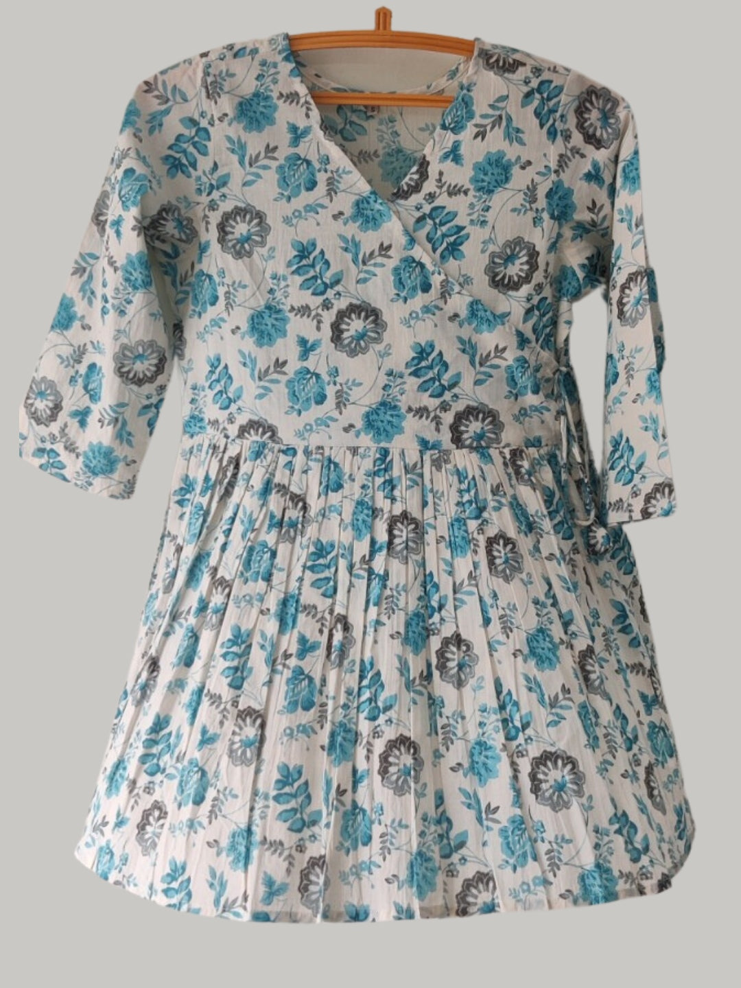 Floral Print Angrakha Style Peplum Top - Cyan Floral