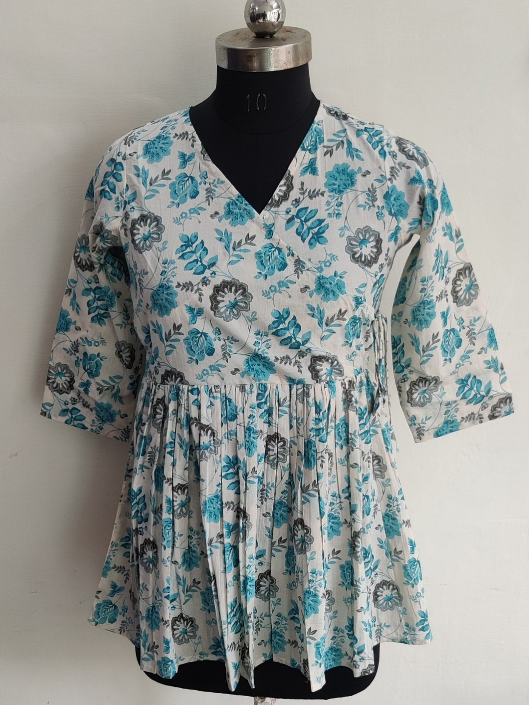 Floral Print Angrakha Style Peplum Top - Cyan Floral