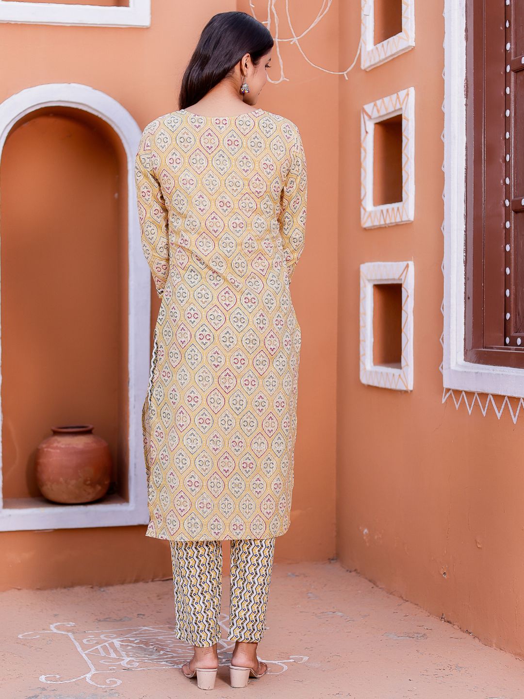 Embroidered Neck Ethnic Print Kurta, Pant and Dupatta Set - Mustard