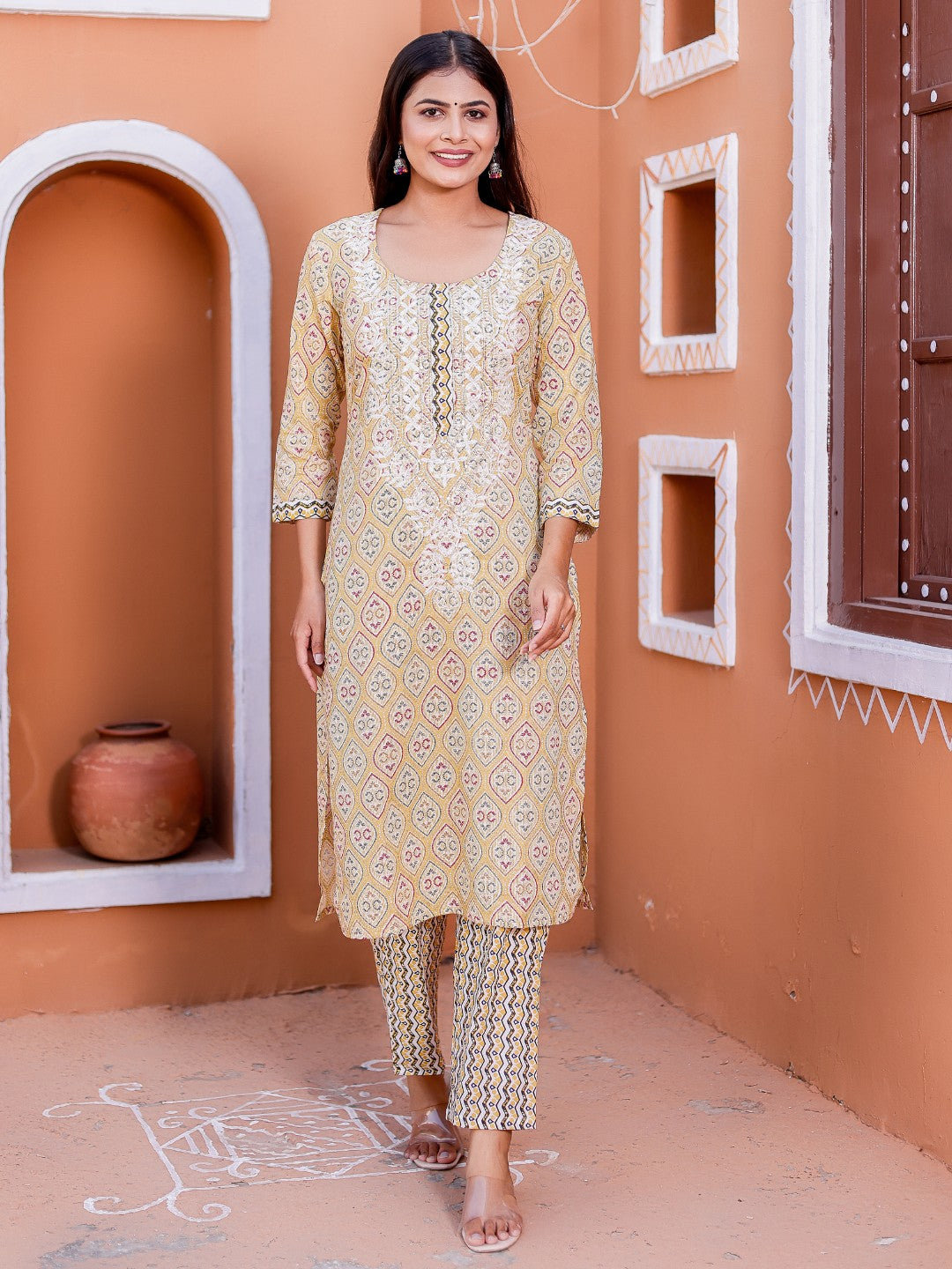 Pure Cotton Floral Print Embroidered Kurta Pant Set - Mustard