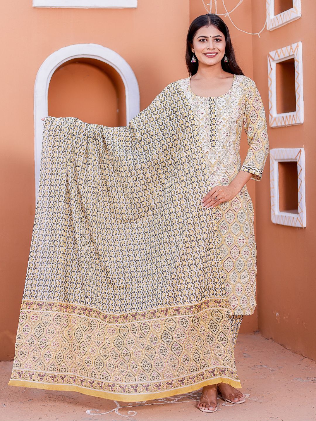 Embroidered Neck Ethnic Print Kurta, Pant and Dupatta Set - Mustard