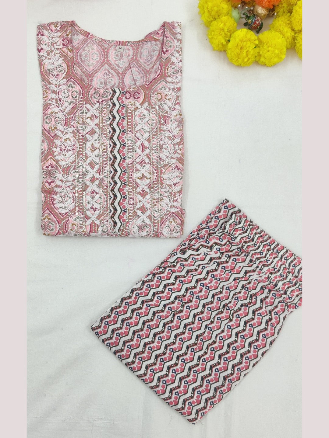 Pure Cotton Floral Print Embroidered Kurta Pant Set - Pink