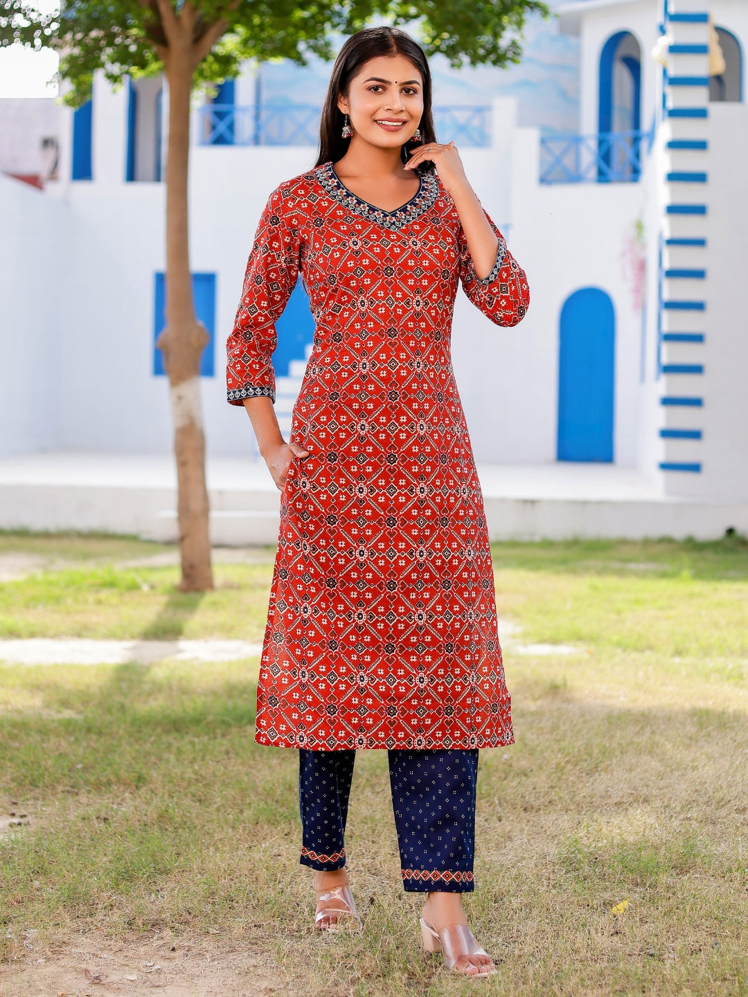 Embroidered V Neck Ethnic Print Kurta, Pant and Dupatta Set - Red