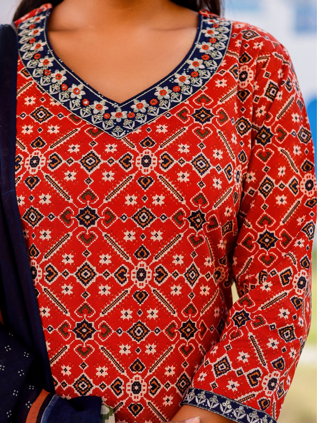 Pure Cotton Patola Print Embroidered Kurta Pant Set - Red