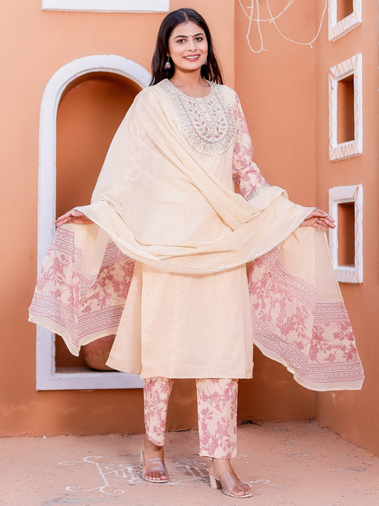 Embroidered Neck Chevron Print Kurta, Pant and Dupatta Set - Pink