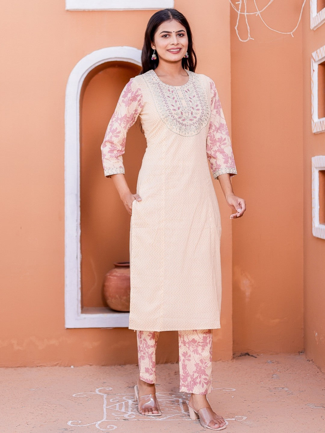 Pure Cotton Chevron Print Embroidered Kurta Pant Set - Pink