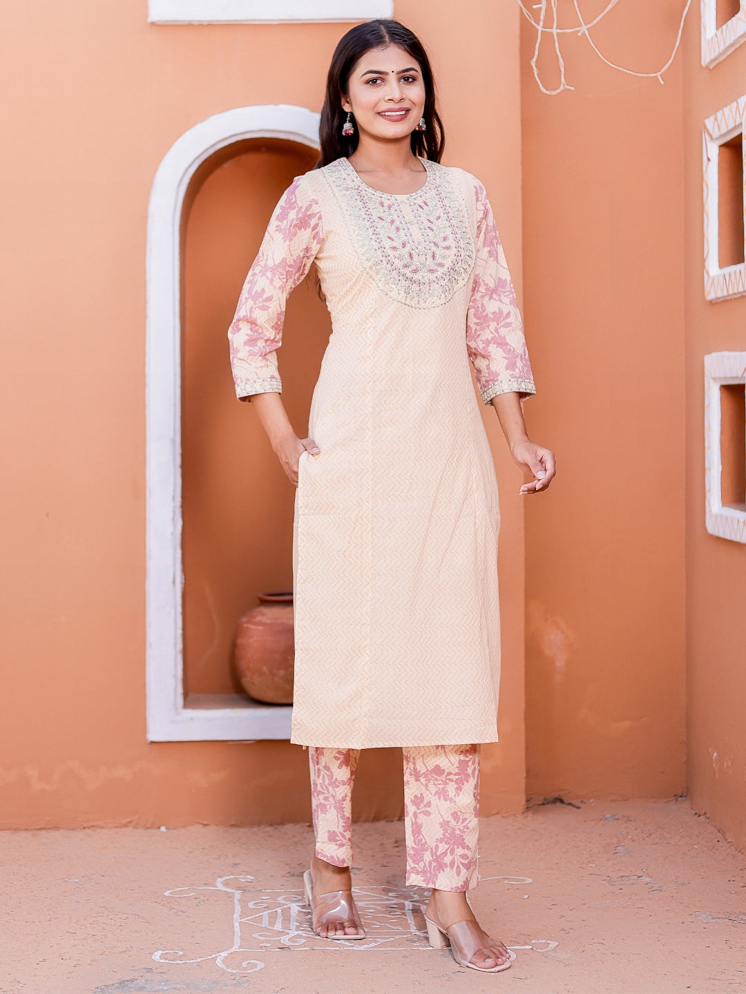 Embroidered Neck Chevron Print Kurta, Pant and Dupatta Set - Pink