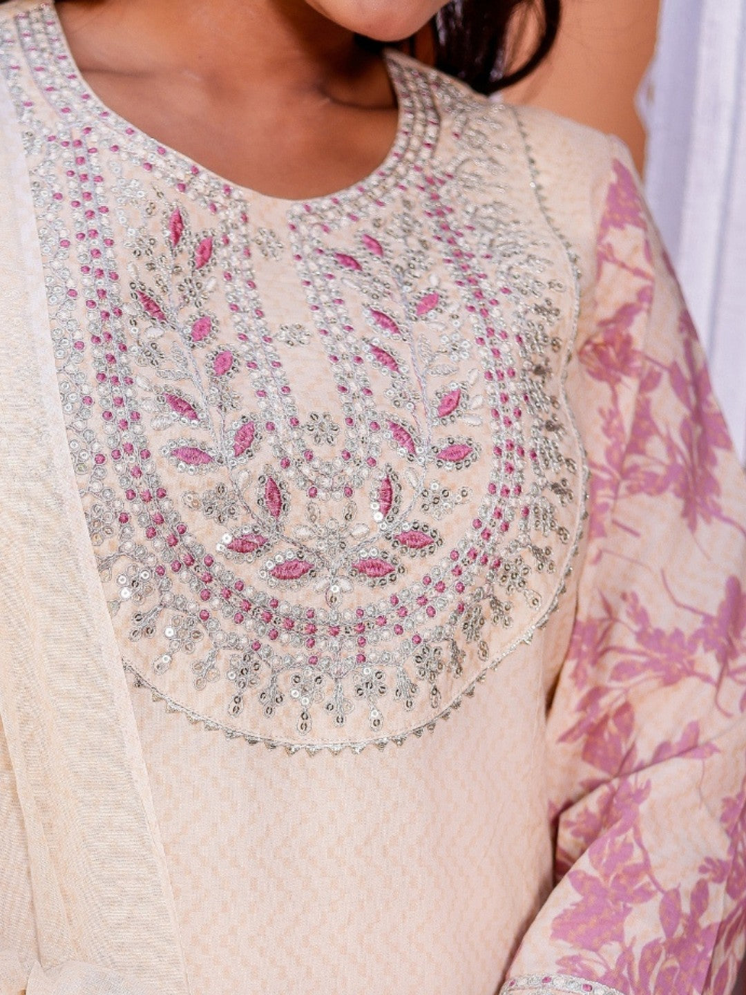 Pure Cotton Chevron Print Embroidered Kurta Pant Set - Pink