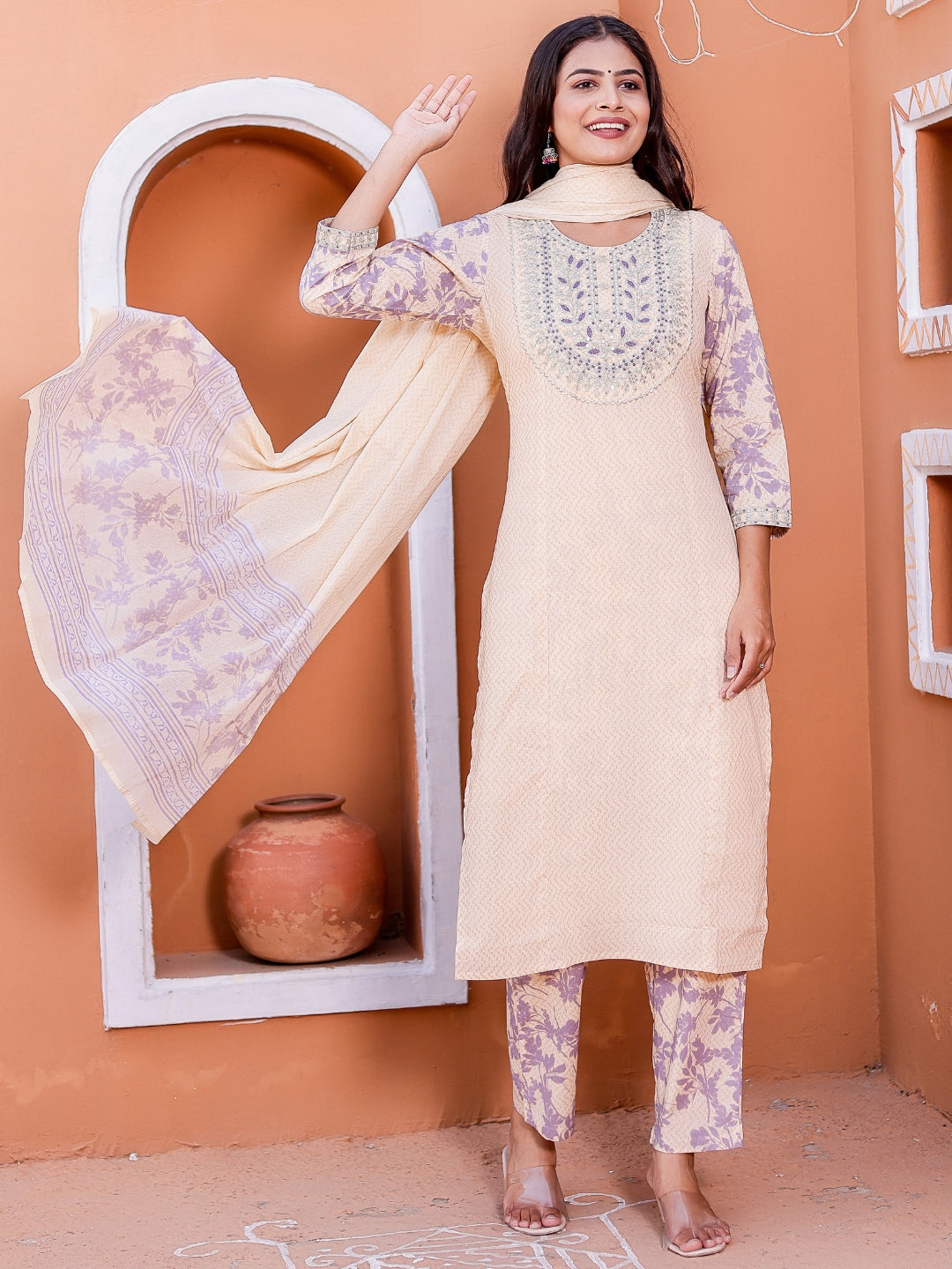 Embroidered Neck Chevron Print Kurta, Pant and Dupatta Set - Violet