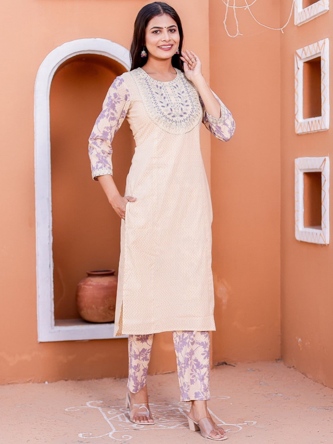 Pure Cotton Chevron Print Embroidered Kurta Pant Set - Violet