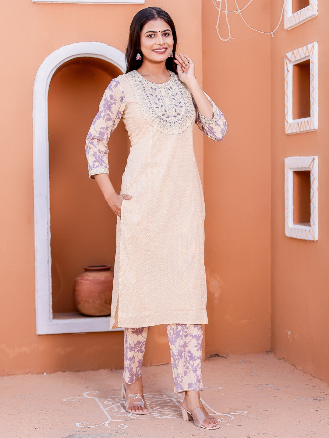 Embroidered Neck Chevron Print Kurta, Pant and Dupatta Set - Violet