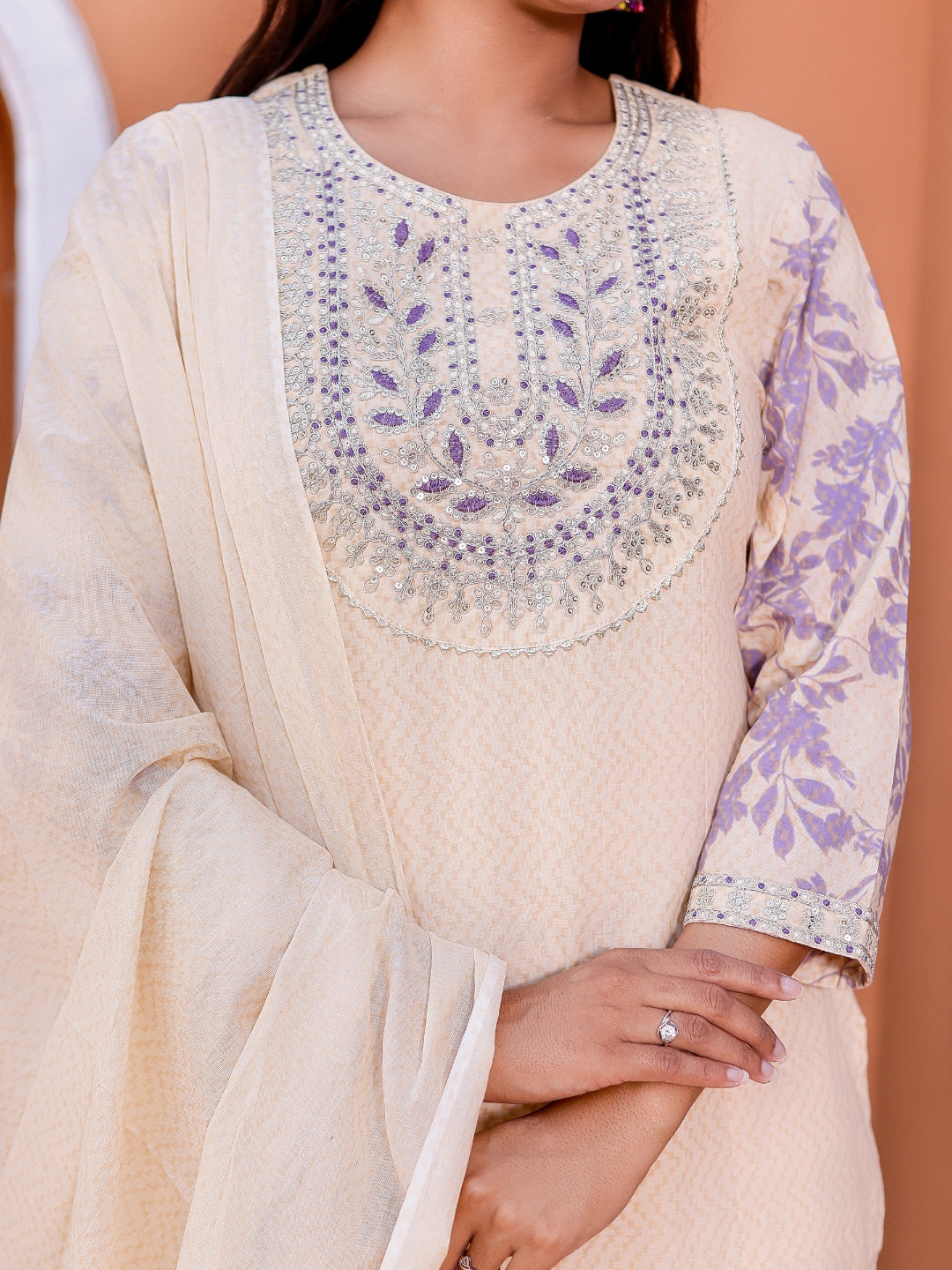 Embroidered Neck Chevron Print Kurta, Pant and Dupatta Set - Violet