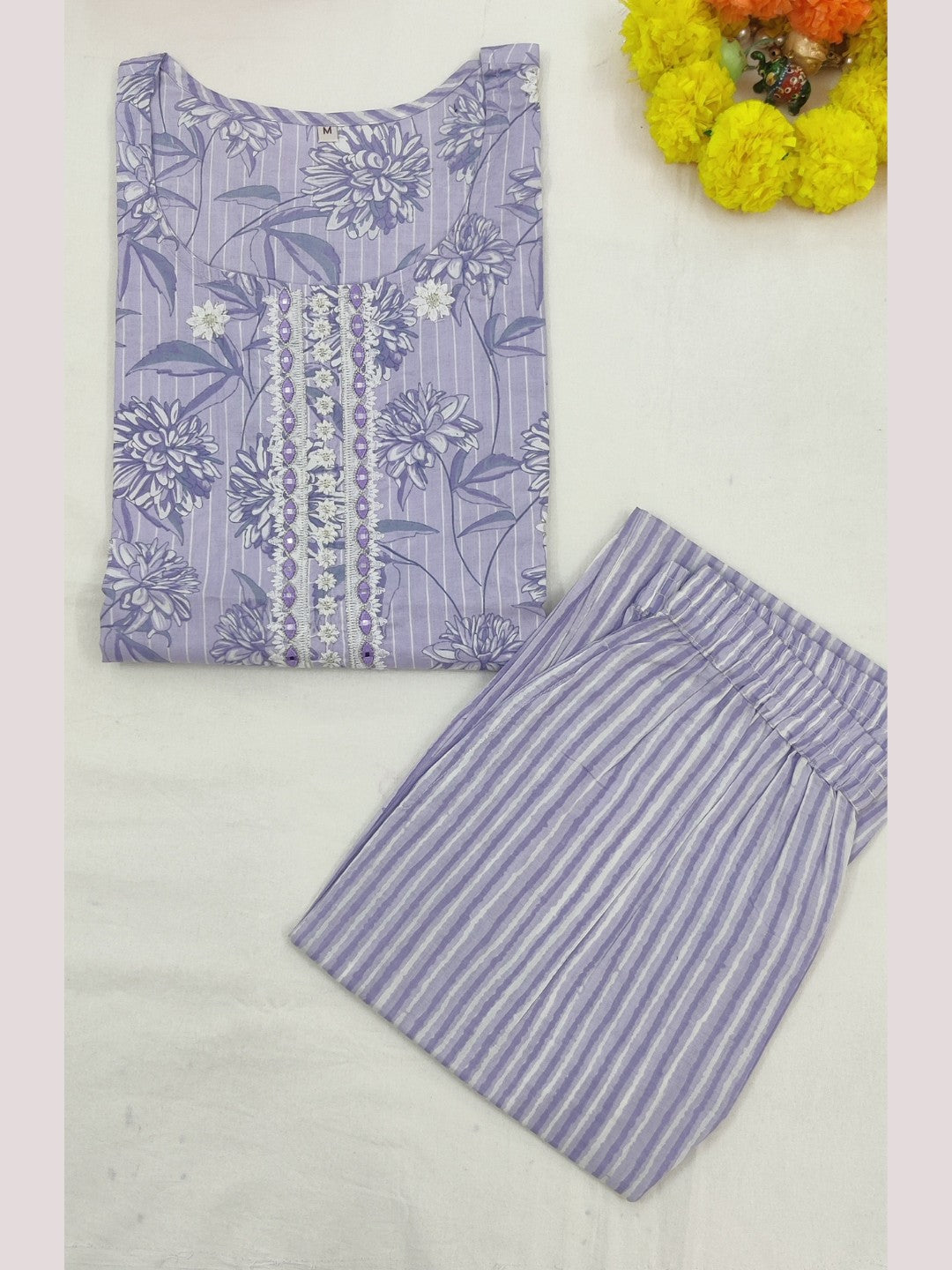 Pure Cotton Floral Stripes Print Embroidered Kurta Pant Set - Blue
