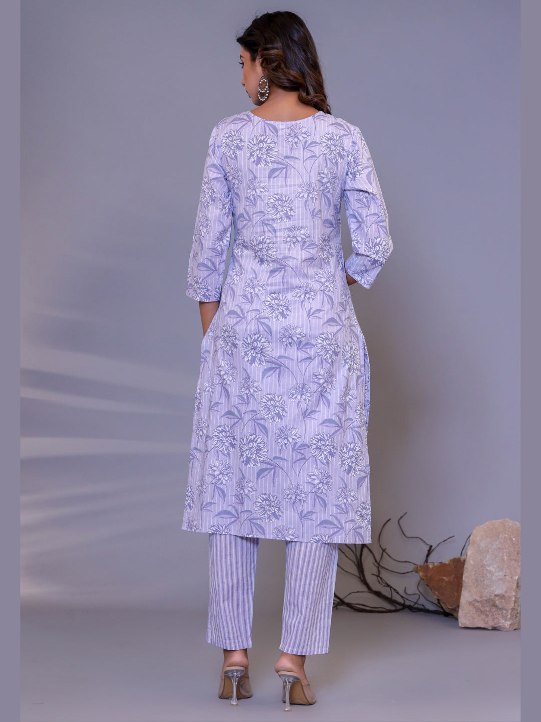 Embroidered Floral Stripes Print Kurta, Pant and Dupatta Set - Blue