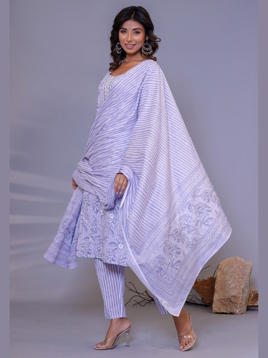 Embroidered Floral Stripes Print Kurta, Pant and Dupatta Set - Blue