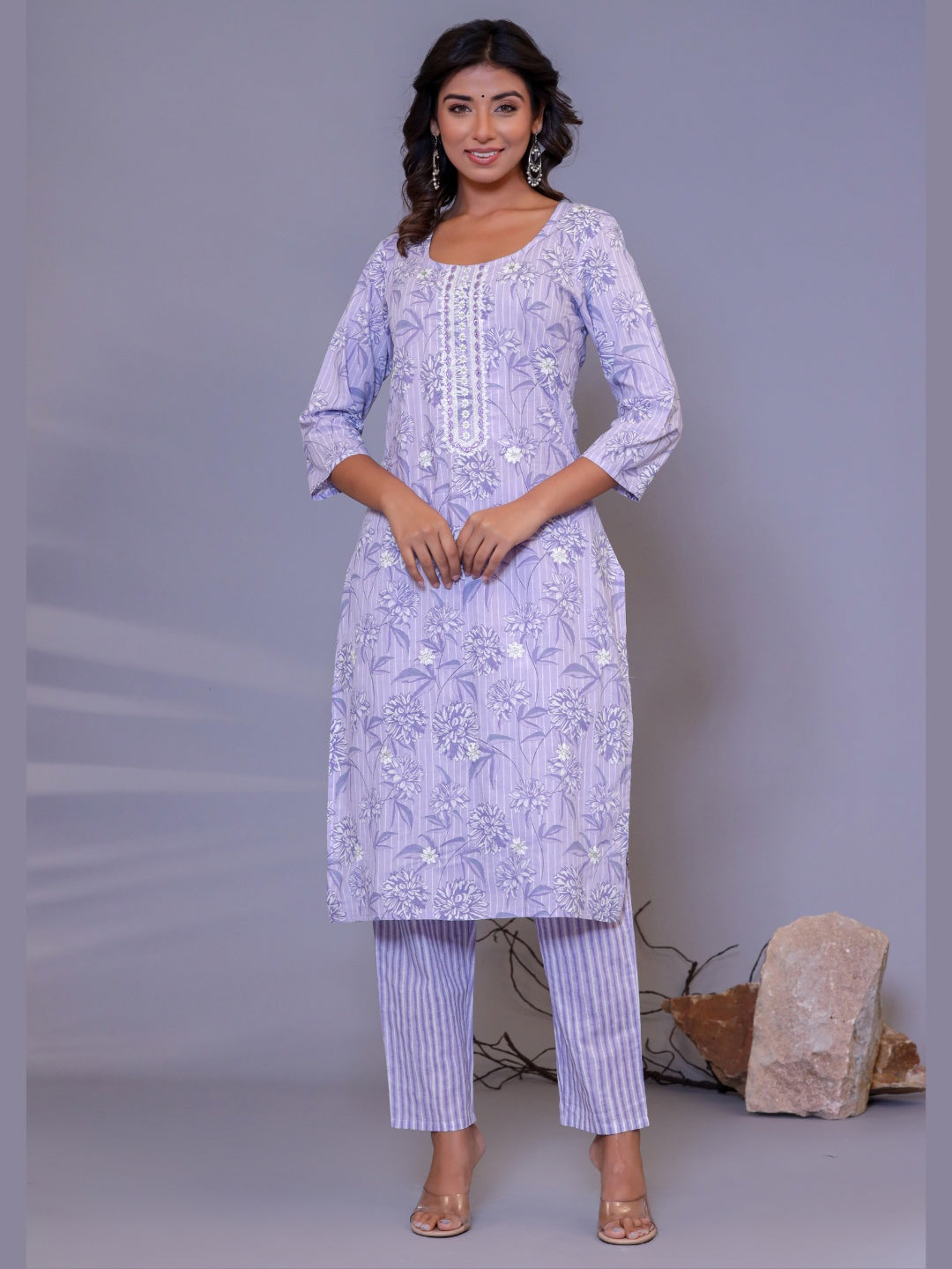 Embroidered Floral Stripes Print Kurta, Pant and Dupatta Set - Blue