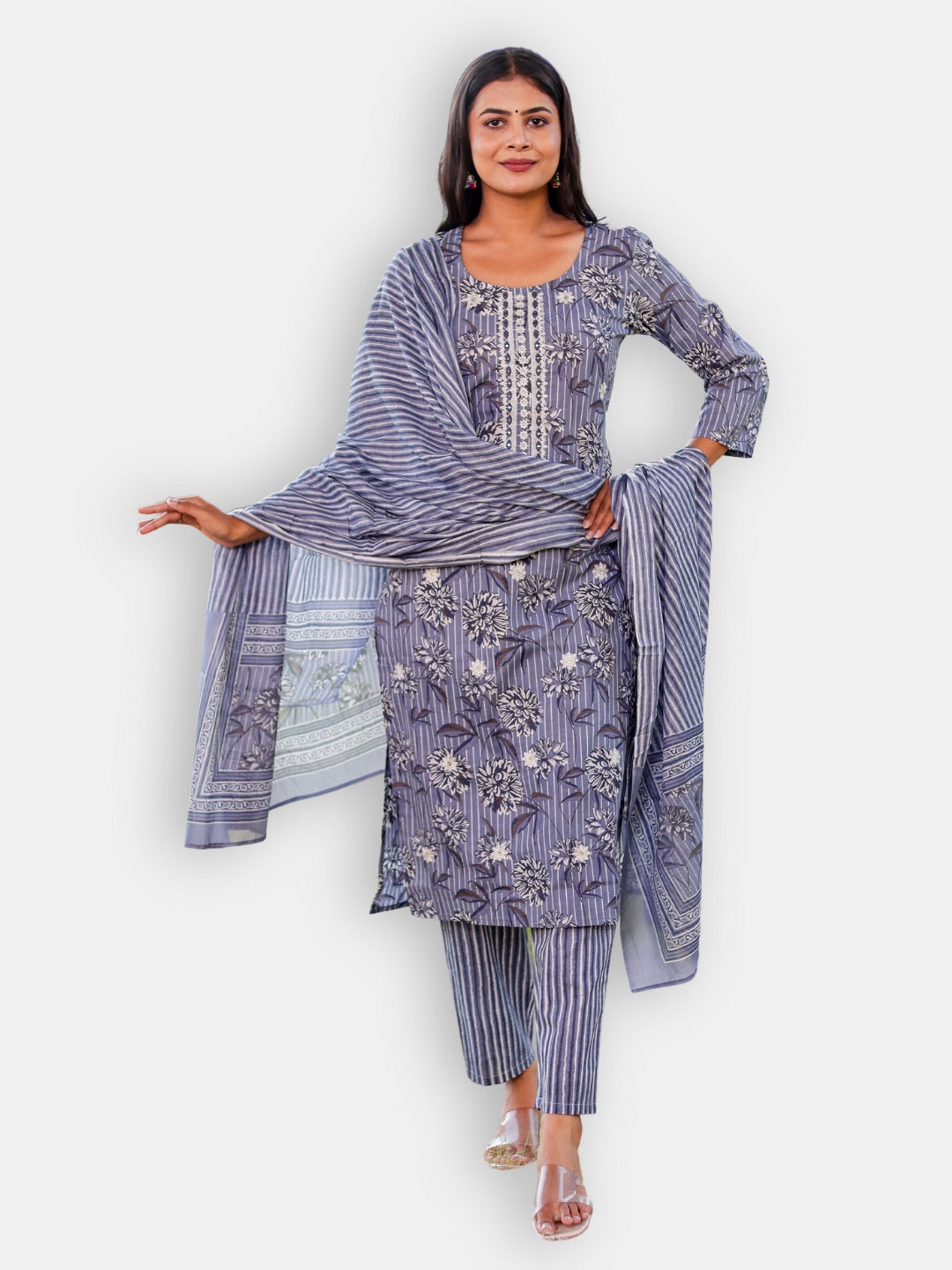 Embroidered Floral Stripes Print Kurta, Pant and Dupatta Set - Grey