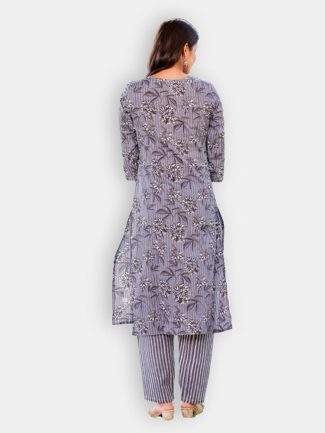 Embroidered Floral Stripes Print Kurta, Pant and Dupatta Set - Grey