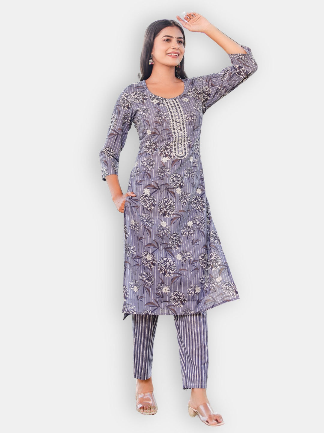 Embroidered Floral Stripes Print Kurta, Pant and Dupatta Set - Grey