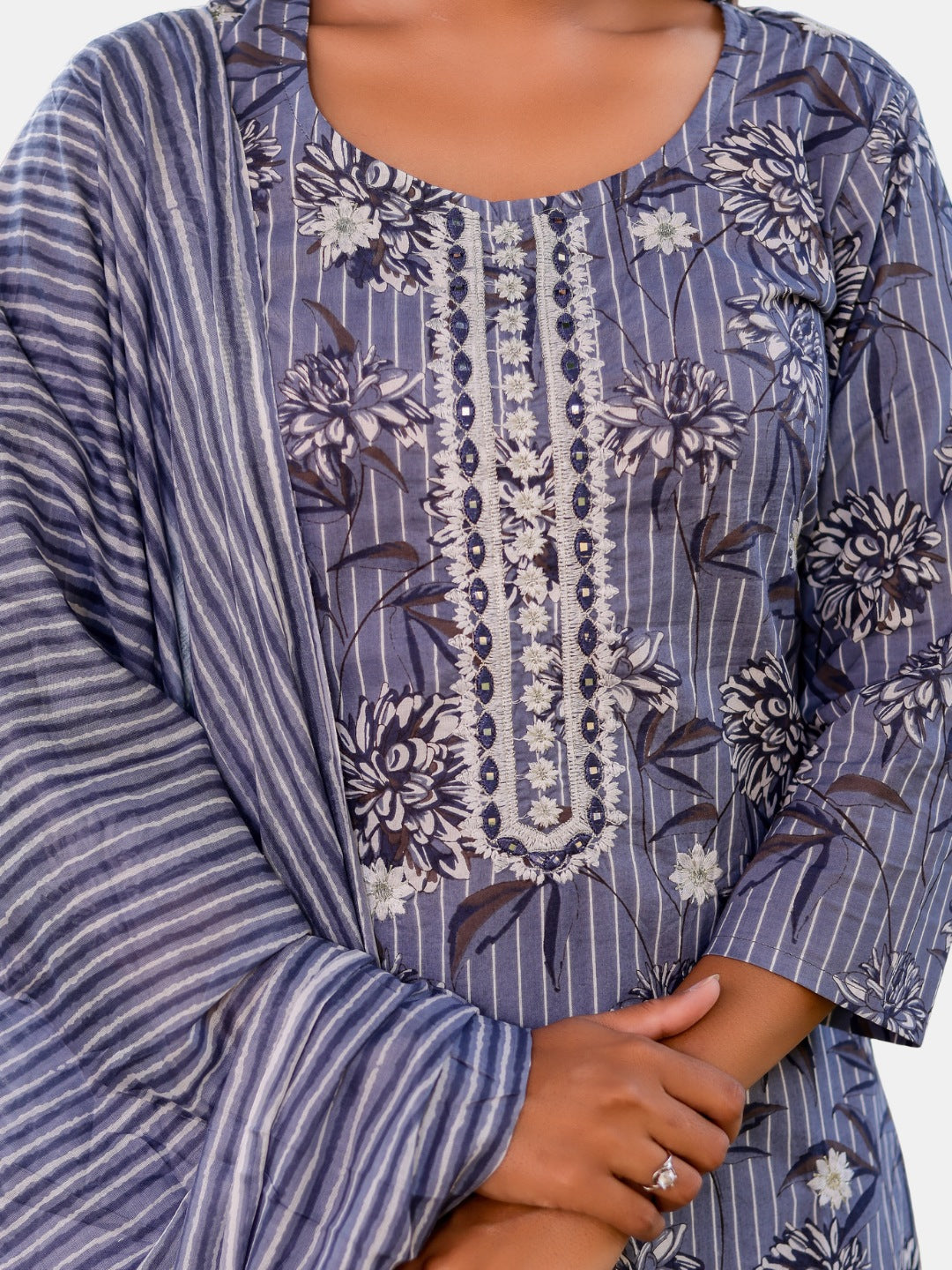 Embroidered Floral Stripes Print Kurta, Pant and Dupatta Set - Grey