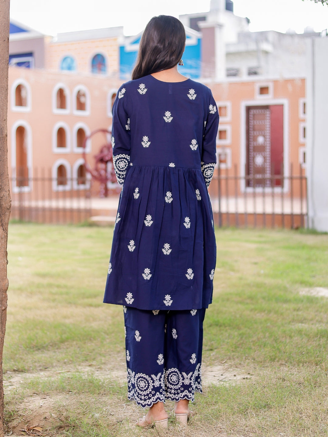 Pure Cotton All-over Embroidered Peplum Top and Palazzo Co-Ord Set - Blue