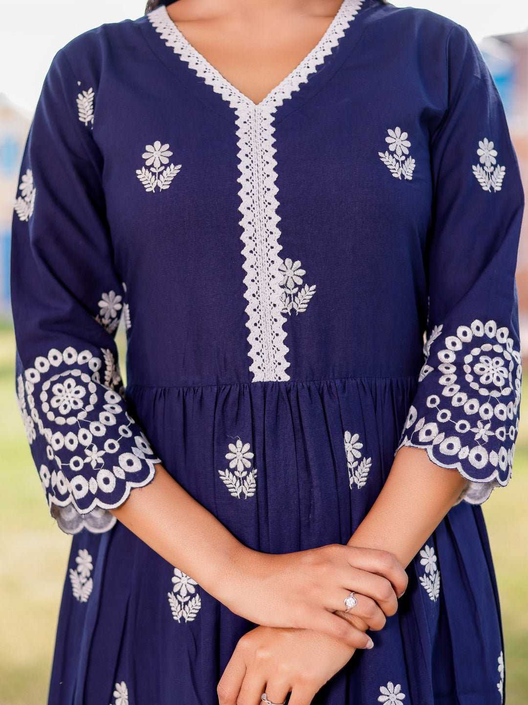 Pure Cotton All-over Embroidered Peplum Top and Palazzo Co-Ord Set - Blue