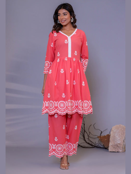 Pure Cotton All-over Embroidered Peplum Top and Palazzo Co-Ord Set - Peach