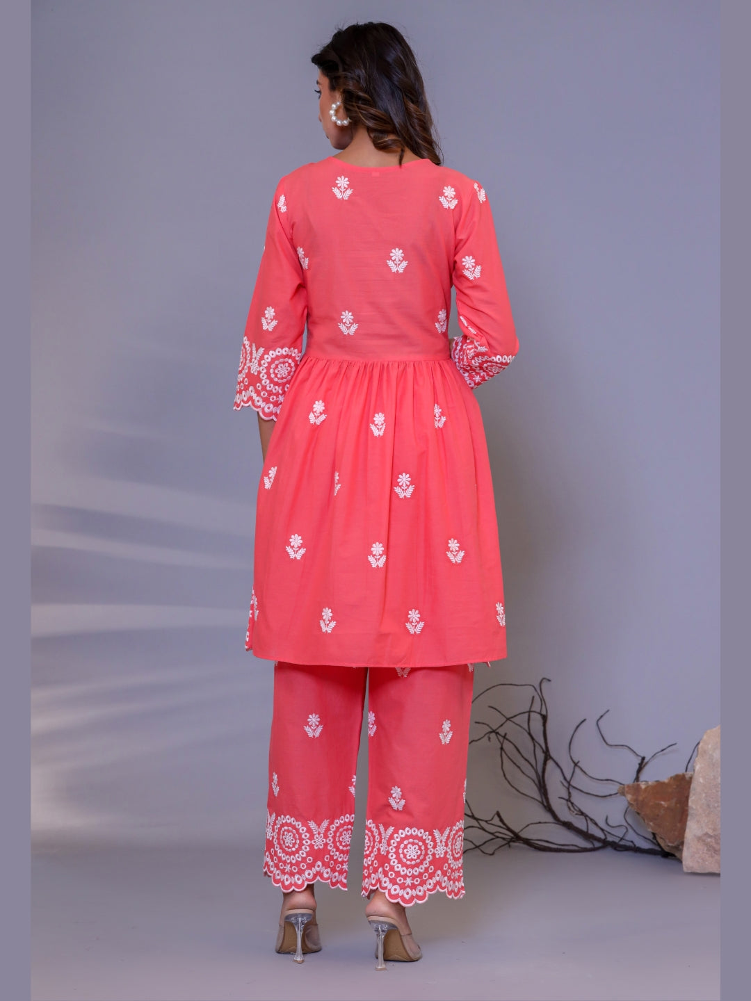 Pure Cotton All-over Embroidered Peplum Top and Palazzo Co-Ord Set - Peach