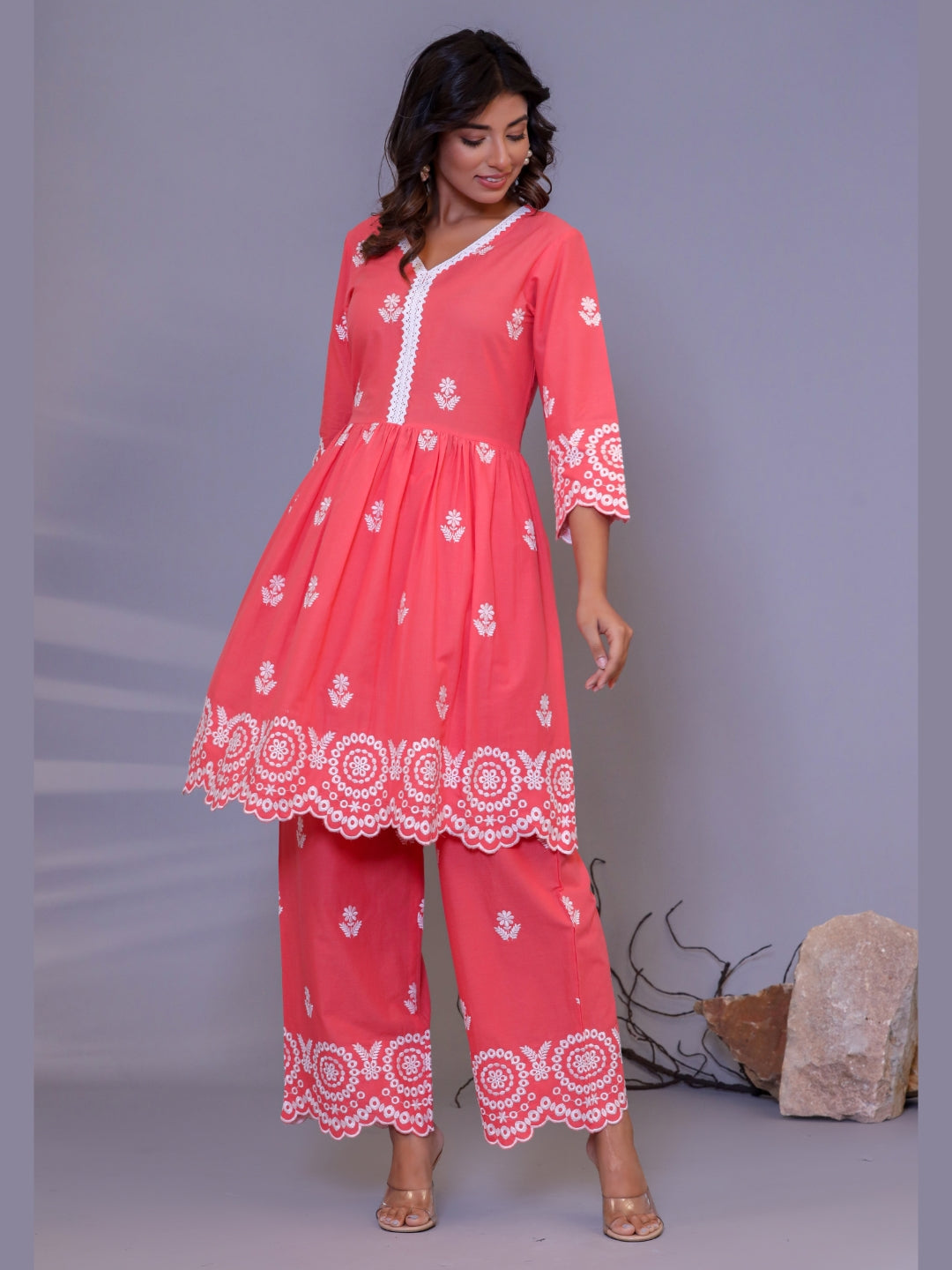 Pure Cotton All-over Embroidered Peplum Top and Palazzo Co-Ord Set - Peach