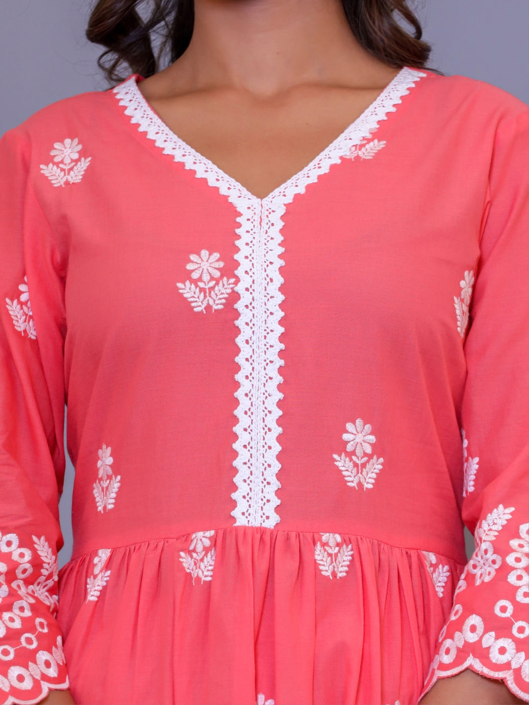 Pure Cotton All-over Embroidered Peplum Top and Palazzo Co-Ord Set - Peach