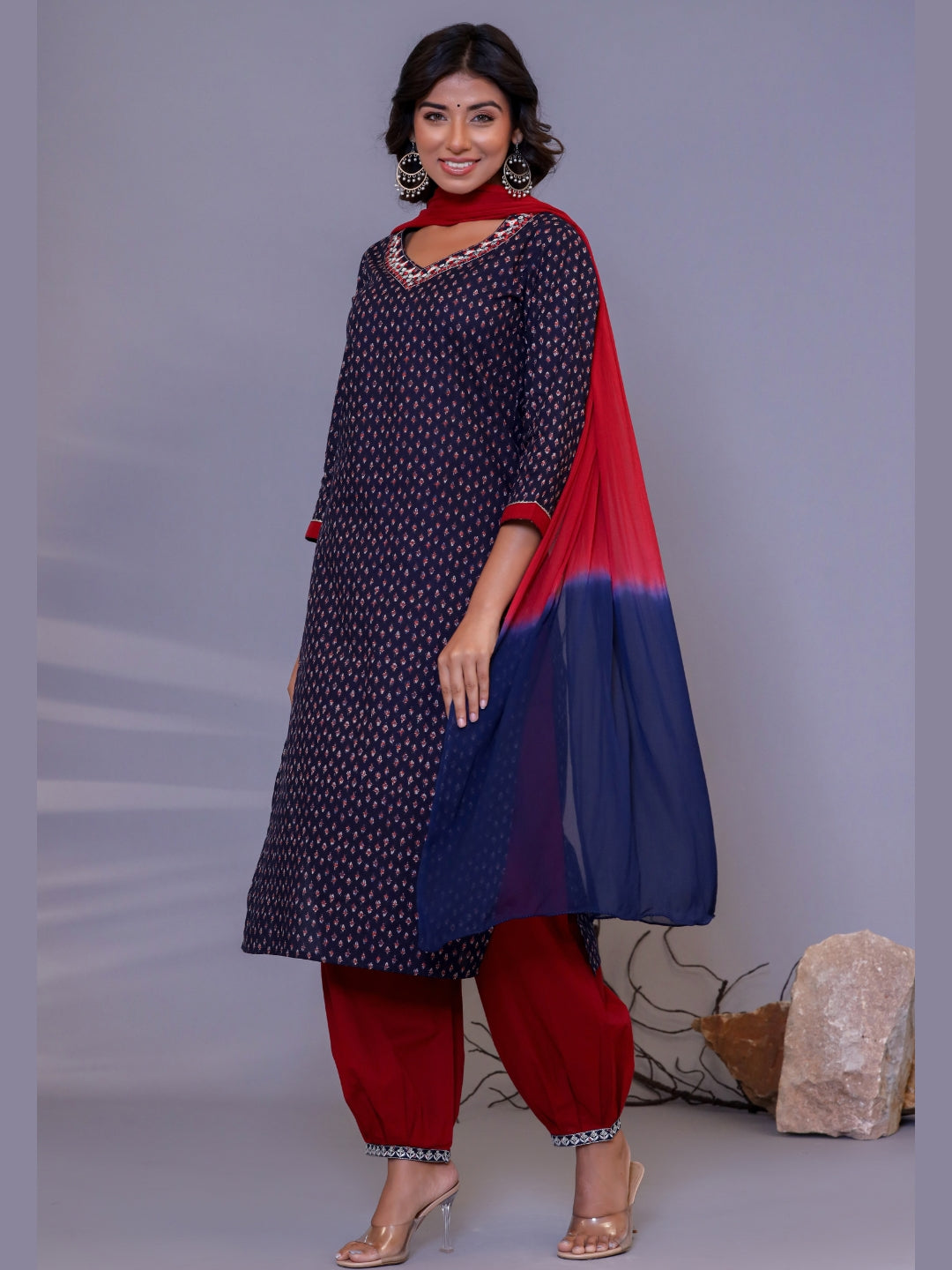 Embroidered V Neck Ethnic Print Kurta, Afghani Pant and Dupatta Set - Dark Blue