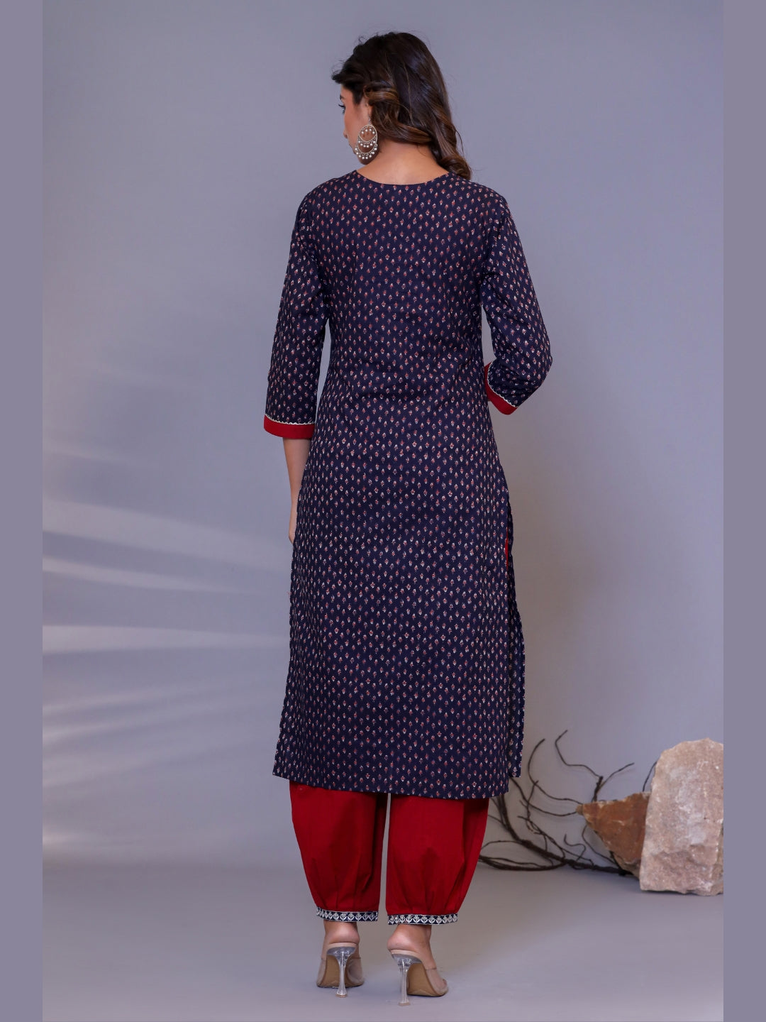 Embroidered V Neck Ethnic Print Kurta, Afghani Pant and Dupatta Set - Dark Blue