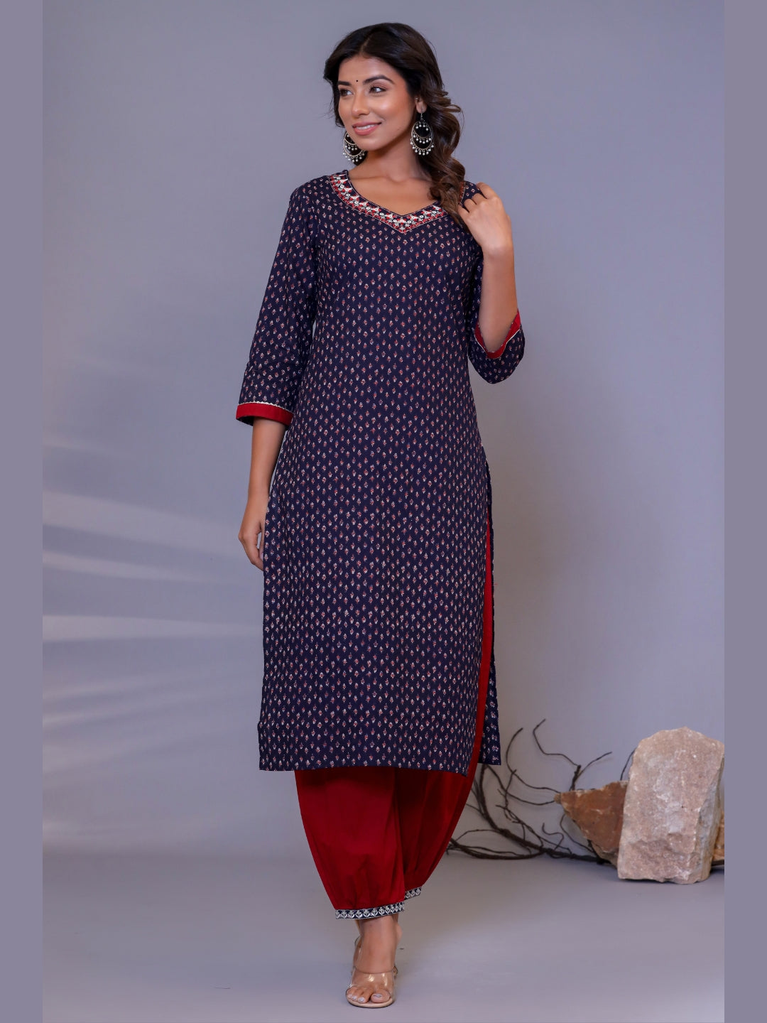 Embroidered V Neck Ethnic Print Kurta, Afghani Pant and Dupatta Set - Dark Blue