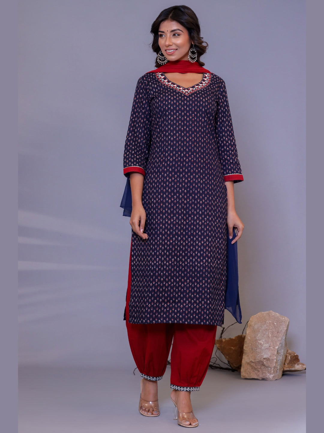 Embroidered V Neck Ethnic Print Kurta, Afghani Pant and Dupatta Set - Dark Blue