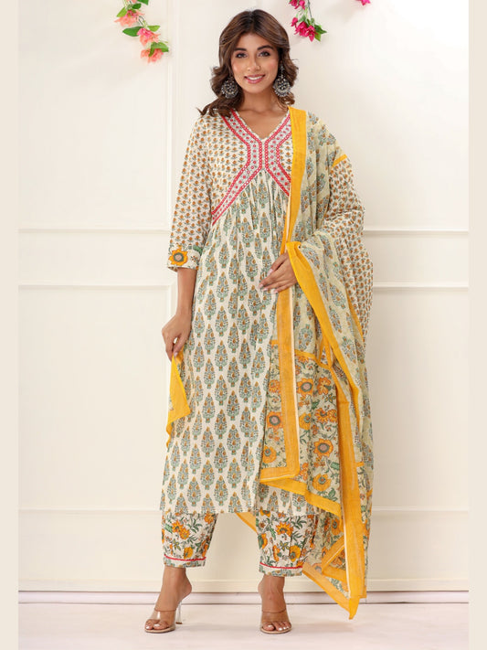 Floral Print Alia Cut Embroidered Kurta with Afghan Pants and Dupatta