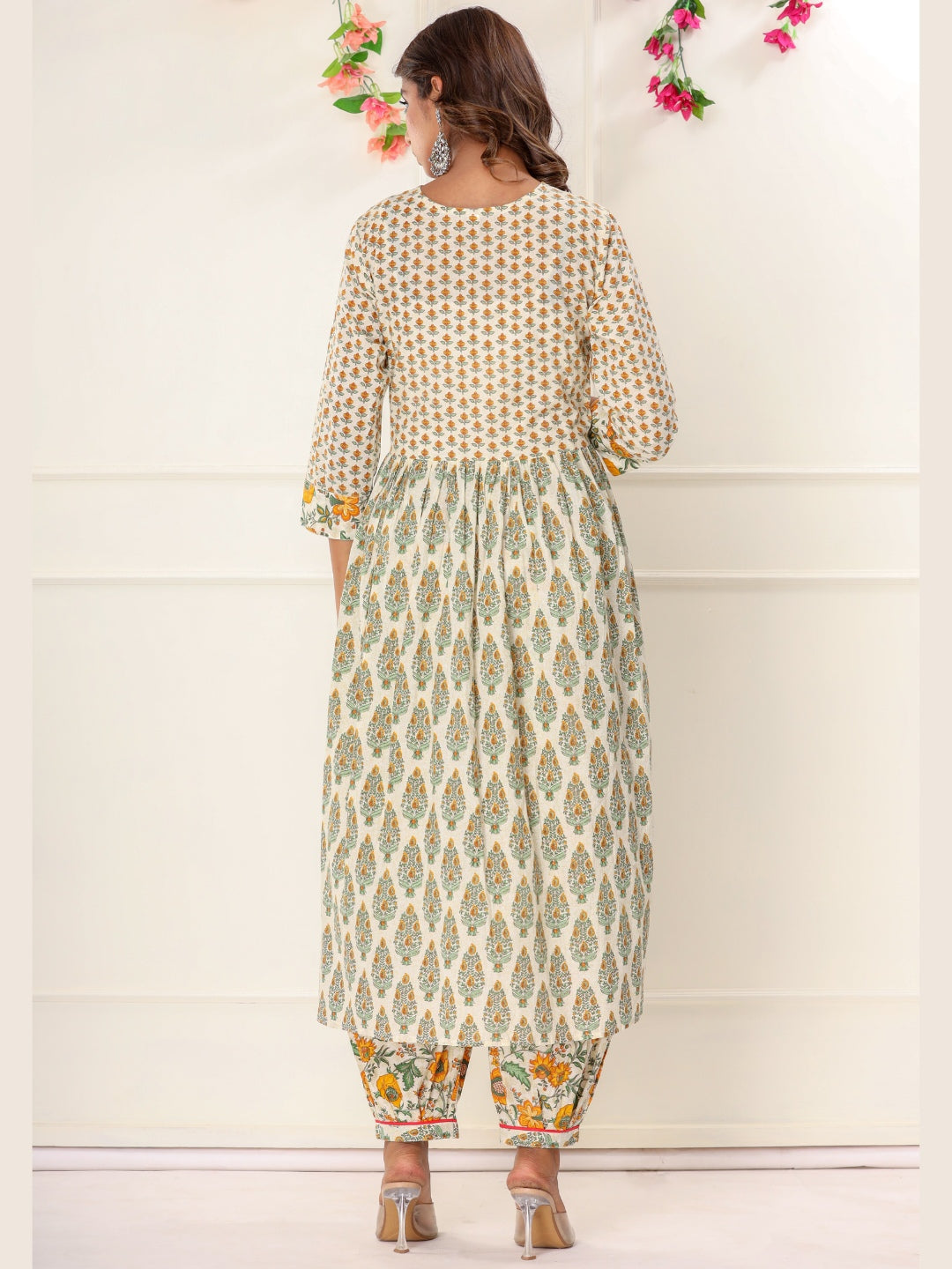 Cotton Printed Floral Print Combination Kurta with Pants Set - Yellow