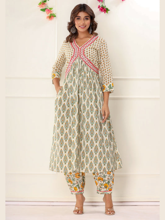 Cotton Printed Floral Print Combination Kurta with Pants Set - Yellow