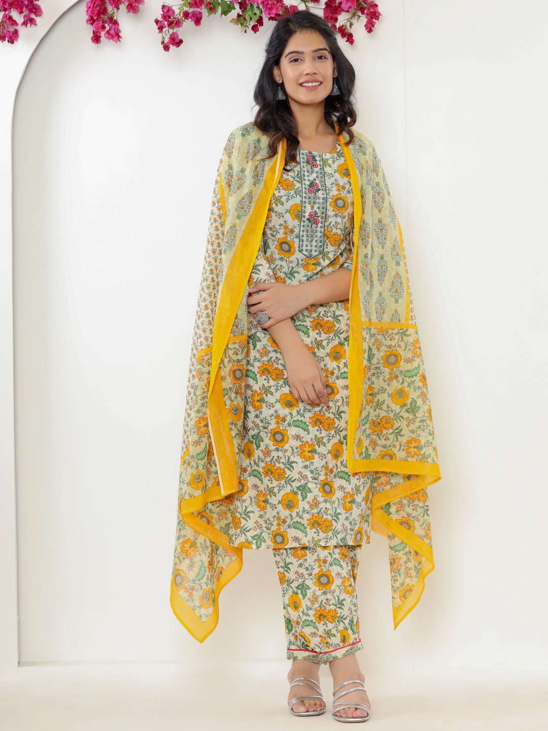 Pure Cotton Floral Print Embroidered Kurta with Afghan Pants Set and Dupatta - Yellow