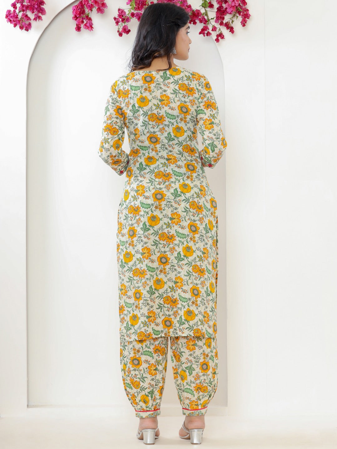 Pure Cotton Floral Print Embroidered Kurta with Afghan Pants Set and Dupatta - Yellow