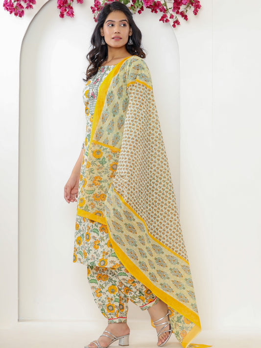 Pure Cotton Floral Print Embroidered Kurta with Afghan Pants Set and Dupatta - Yellow