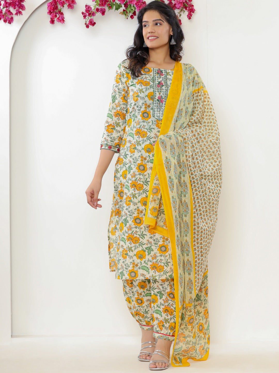 Pure Cotton Floral Print Embroidered Kurta with Afghan Pants Set and Dupatta - Yellow