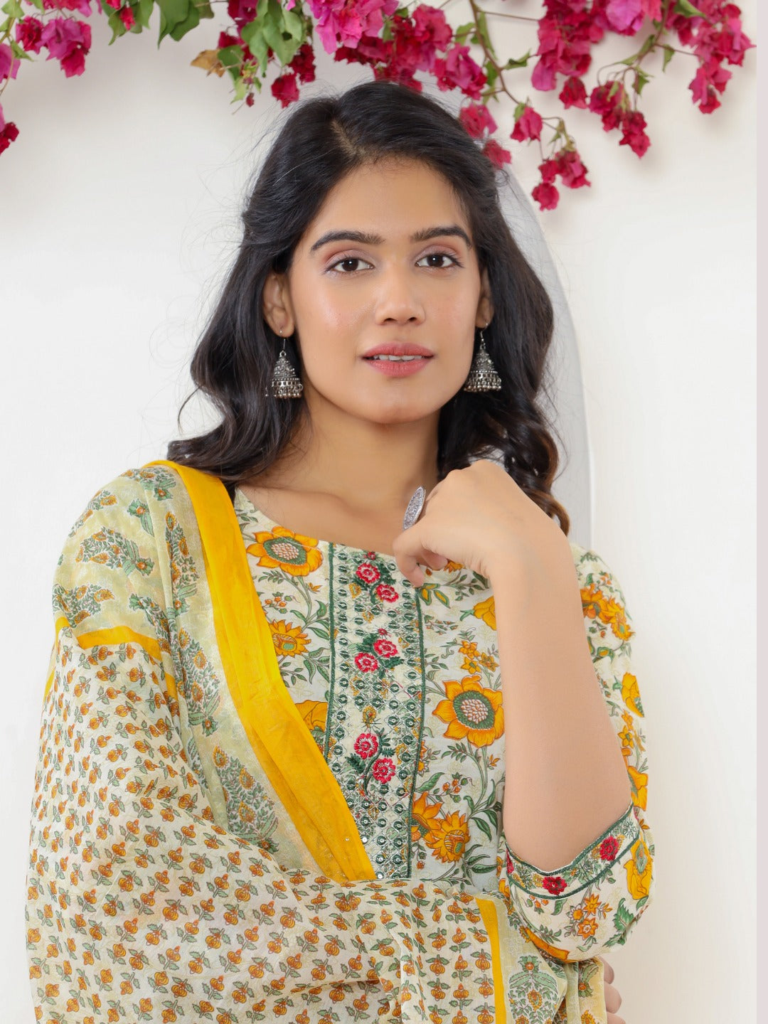 Pure Cotton Floral Print Embroidered Kurta with Afghan Pants Set and Dupatta - Yellow