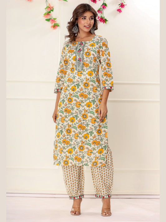 Pure Cotton Floral Print Embroidered Kurta with Afghan Pants Set - Yellow